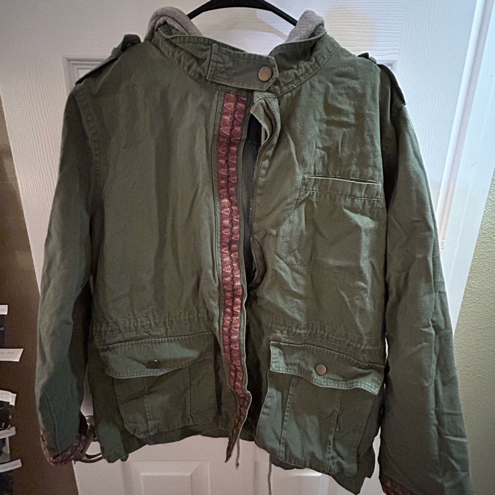 Green Military Style Jacket with Red Trim